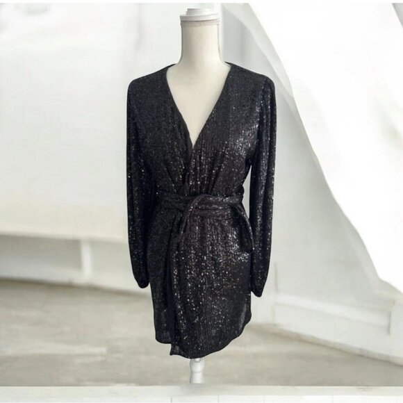 AUDREY 3 PLUS 1 Black Sequin Robe Wrap Dress Size Medium - Picture 1 of 10